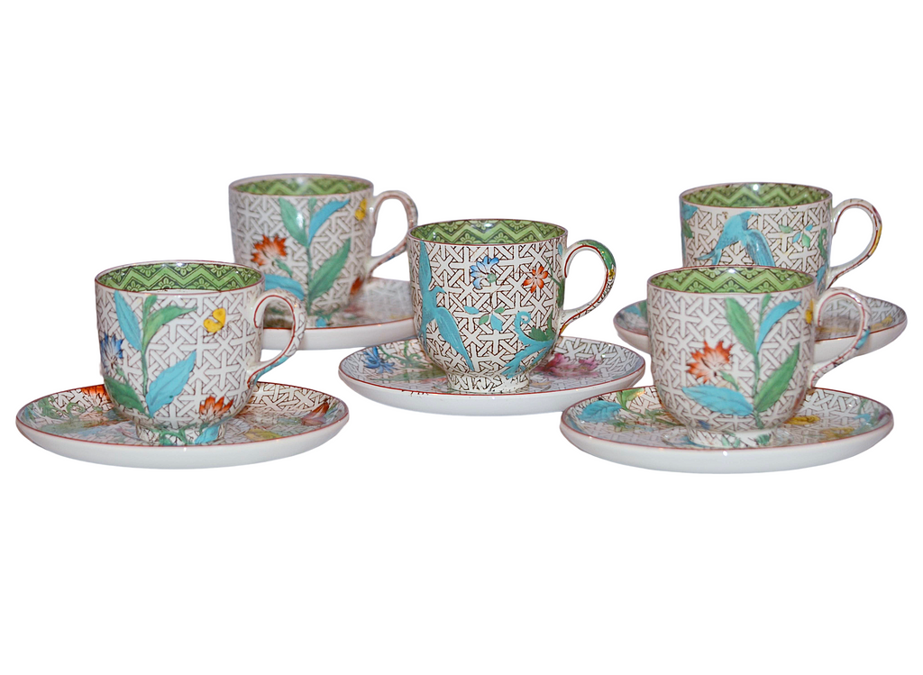 Wedgwood Demitasse 10 PC Cup Saucer Set HP Enamel Birds w/ Flowers
