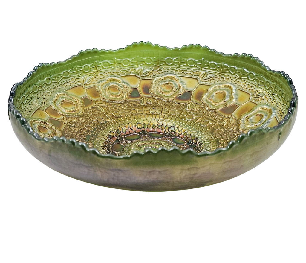 Antique Fenton Green Captive Rose Carnival Glass Round Bowl