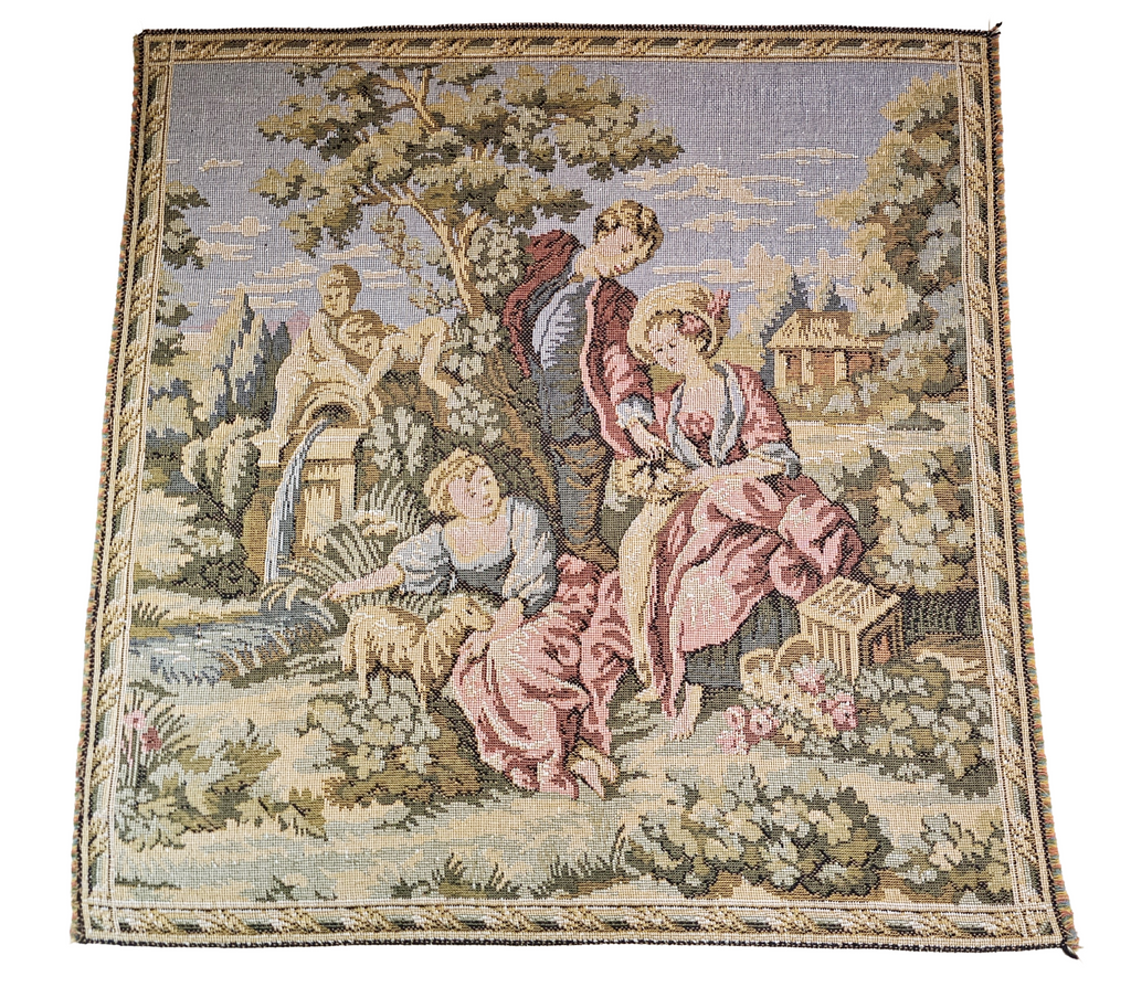 Vintage Pair Framed French Tapestries Pastoral Scenes People w/ Sheep