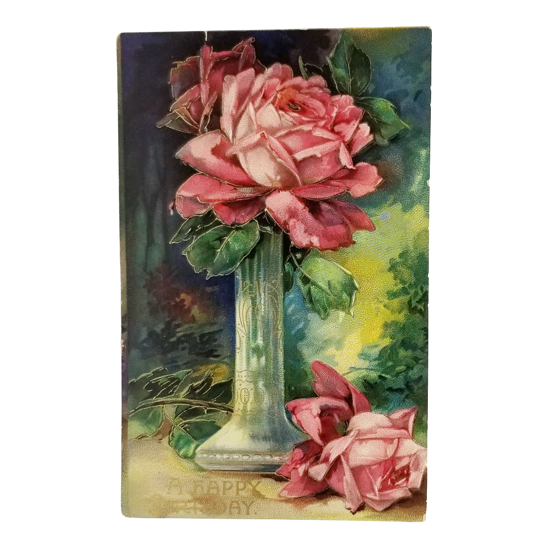 Greetings Postcard Happy Birthday Pink Roses in Vase Gold Highlights Gel Finish Series 1460