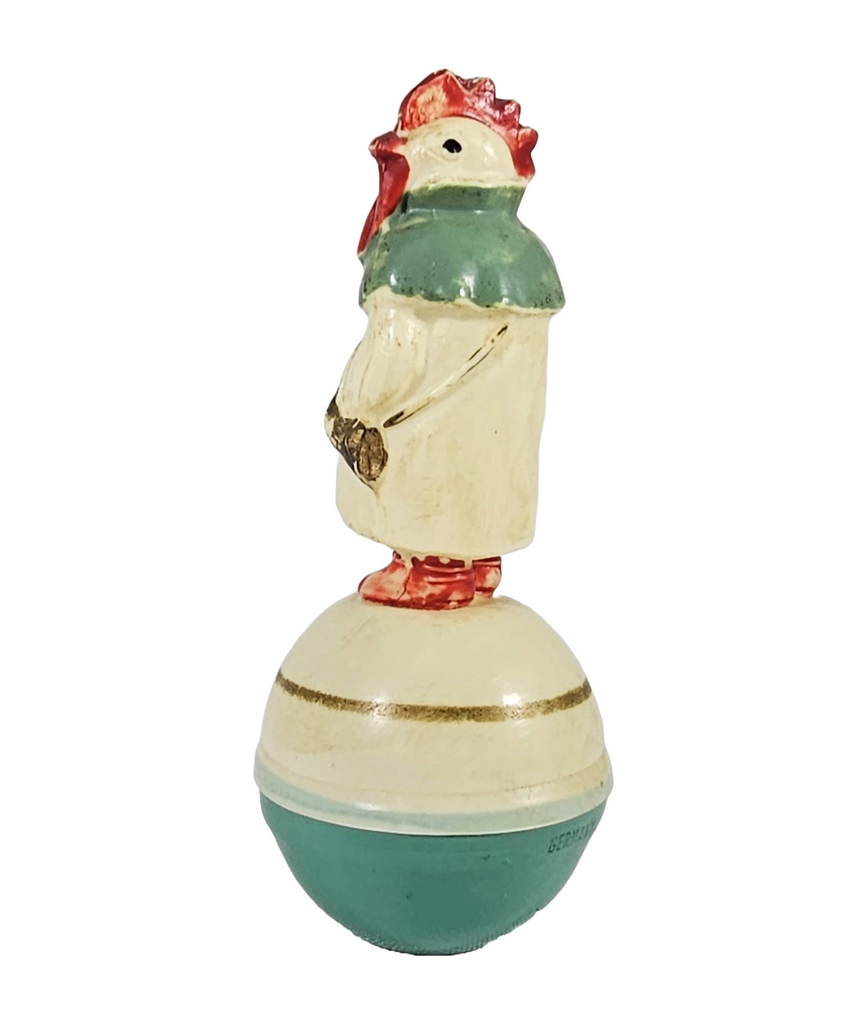 German Celluloid Roly Poly Toy Mr. Rooster Evening Suit