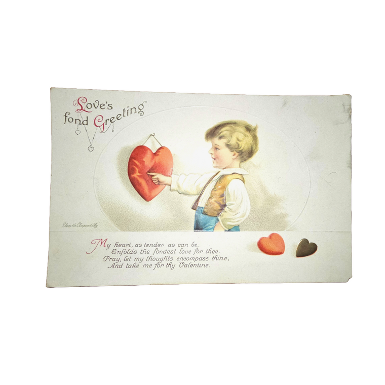 Antique Vintage Valentine Postcard, Ellen Clapsaddle Card Little Boy Poking Hanging Heart Series 1905 IAP Pub