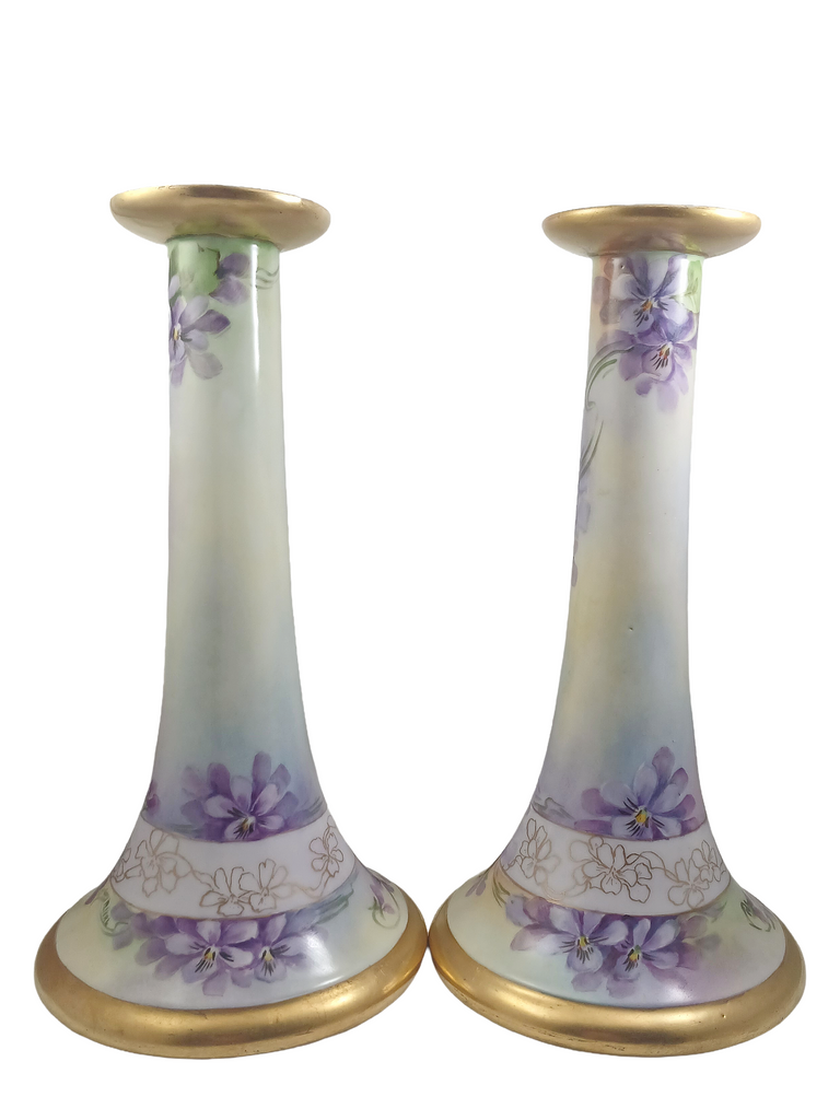 Limoges Porcelain Candle Holders Hand Painted Violets Artist Signed Perl