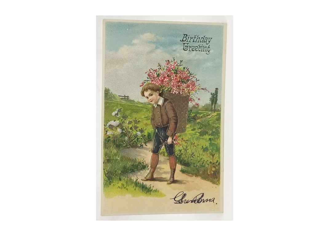 German Birthday Postcard Little Boy Carrying Basket of Flowers Gold Highlights