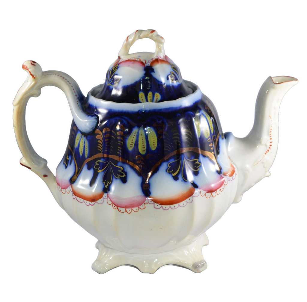 19th Century Rare Staffordshire Gaudy Welsh Ironstone Banana Flow Blue Teapot