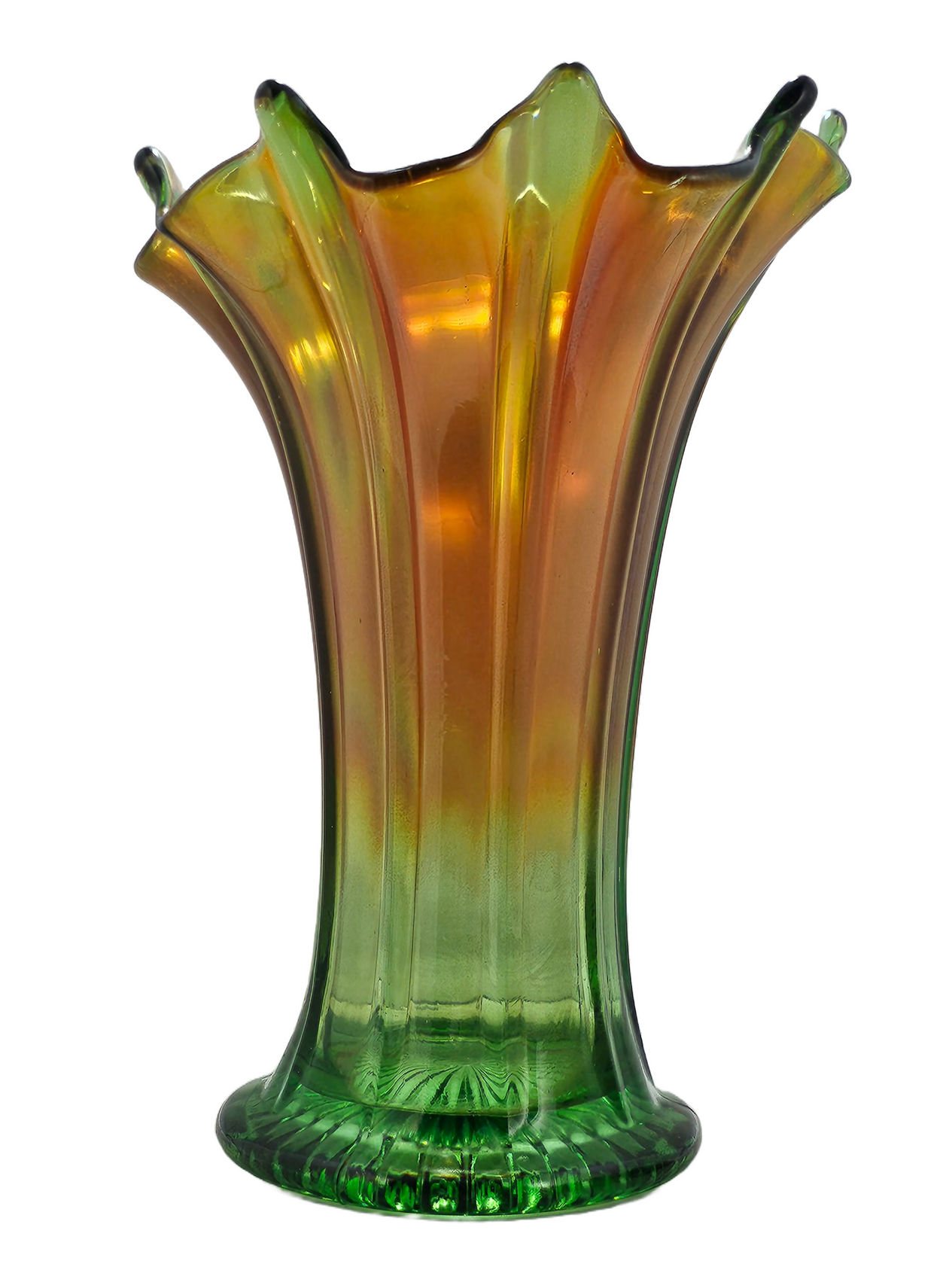 Northwood Thin Ribbed Swung Marigold Green Carnival Glass Vase