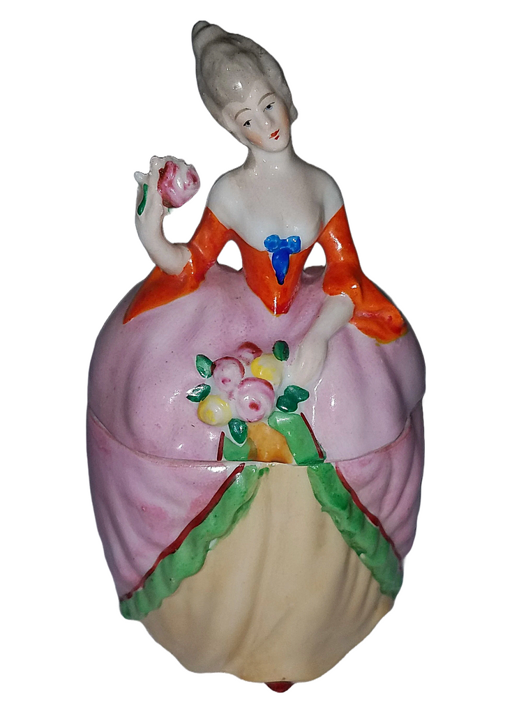 Antique Art Deco Porcelain Dresser Box,  Figural Lady, Woman Vanity Jar