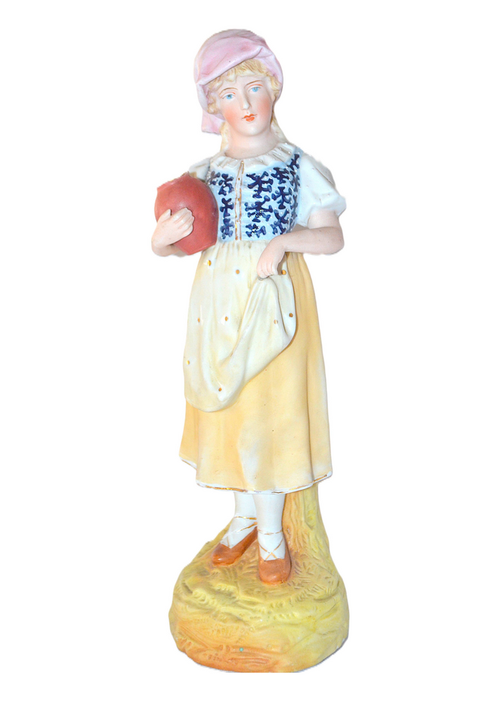 Heubach Bisque Porcelain Parlor Statue Peasant Woman Holding Jug