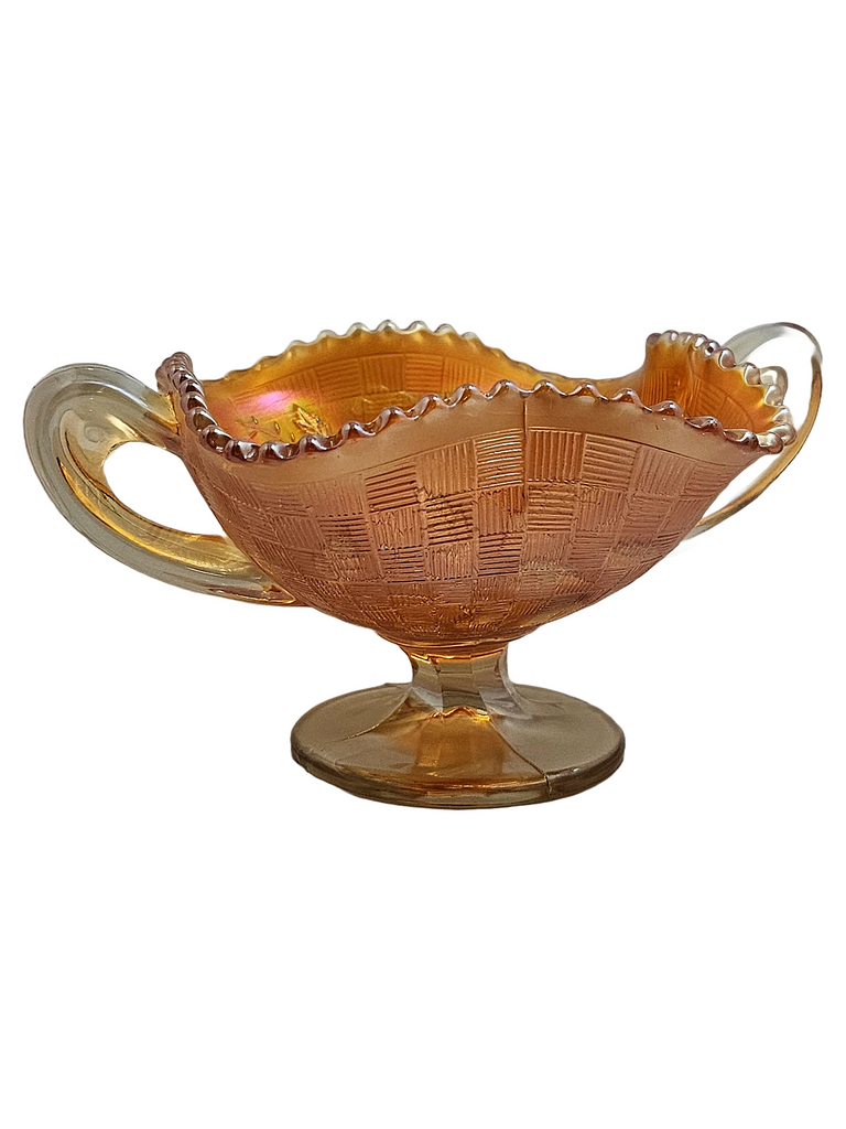 Northwood Marigold Orange Fruits & Flowers Carnival Glass Bon Bon Dish with Basket Weave Exterior