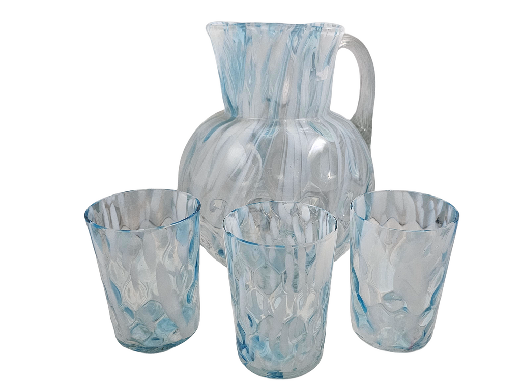 Phoenix Spot Optic Spatter Glass Four Piece Water Set Pitcher Tumblers Opal Blue