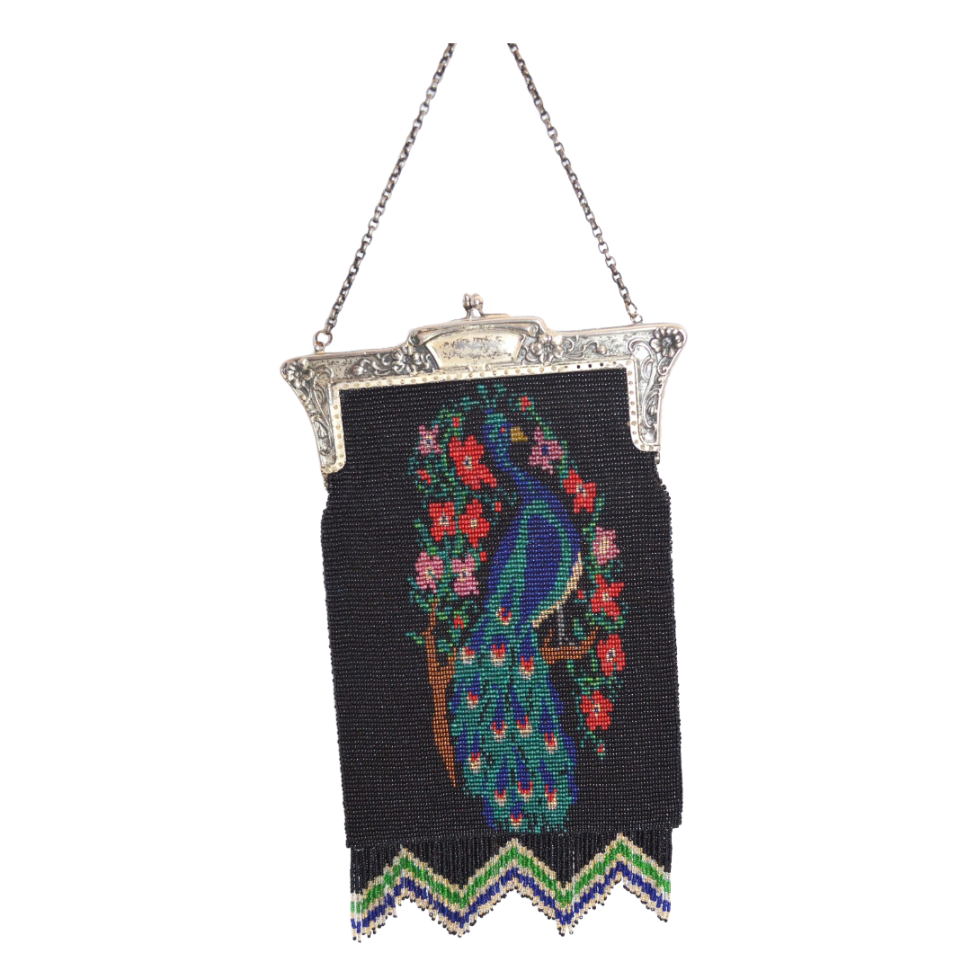 Antique Vintage Handmade Scenic Handbag Beaded PEACOCK PURSE