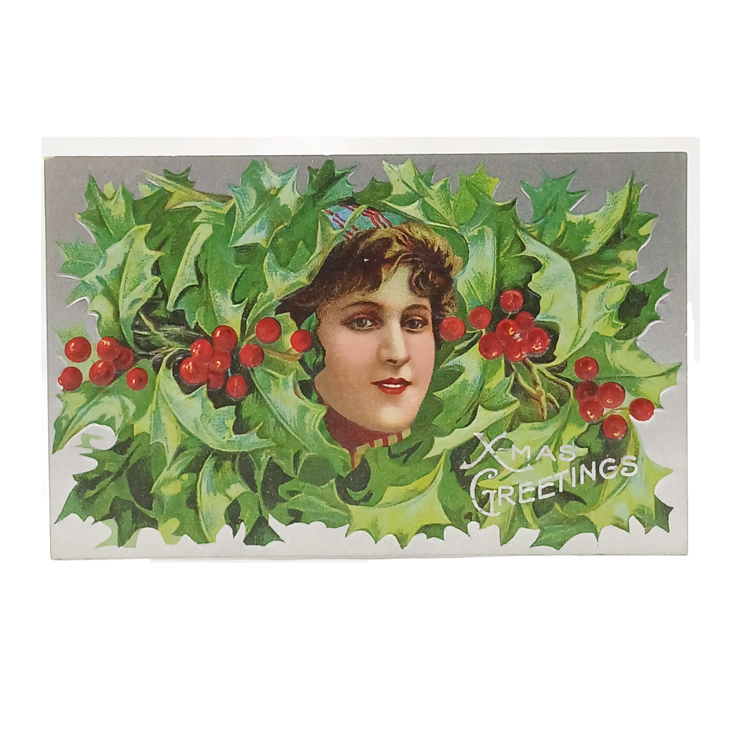 Christmas Postcard Silver Embossed Woman Face Hidden in Holly