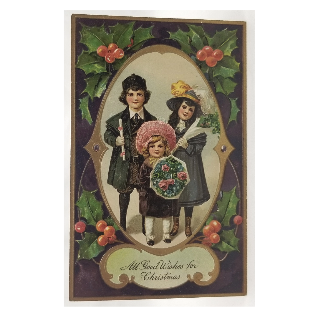 Vintage Christmas Postcard, Antique Holiday Card Embossed with Children Dressed Up and Holly Purple Gold Border PFB Series 9103