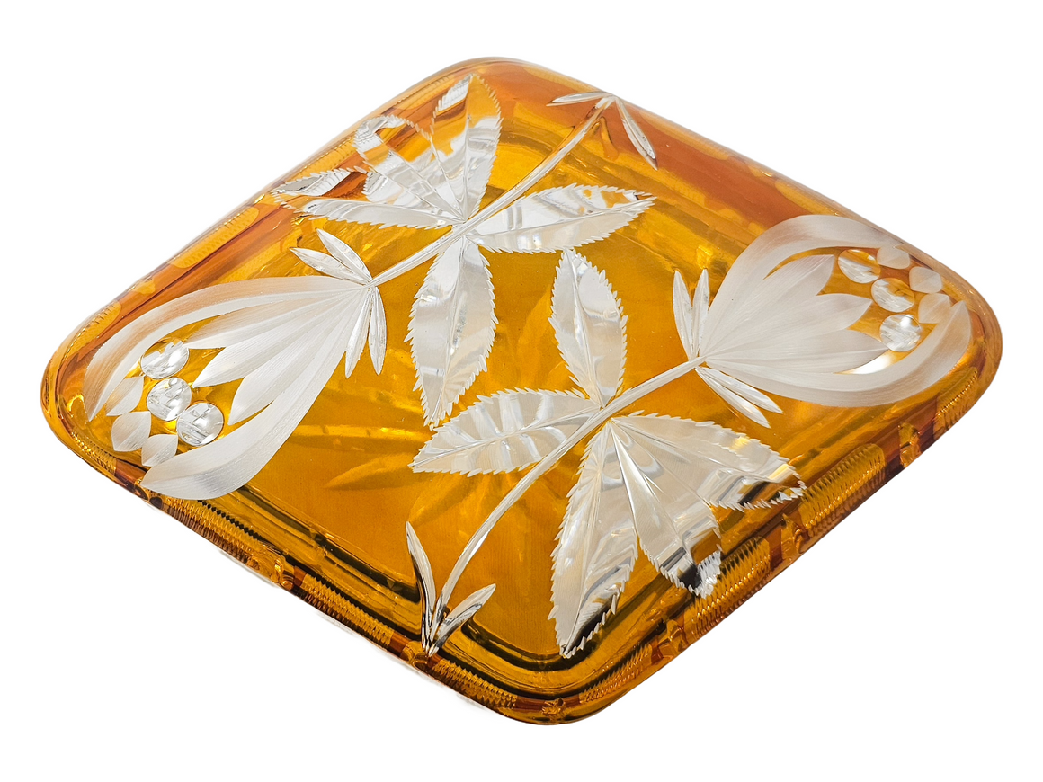 Bohemian Glass Amber Cut to Clear Crystal Covered Box with Engraved Flowers