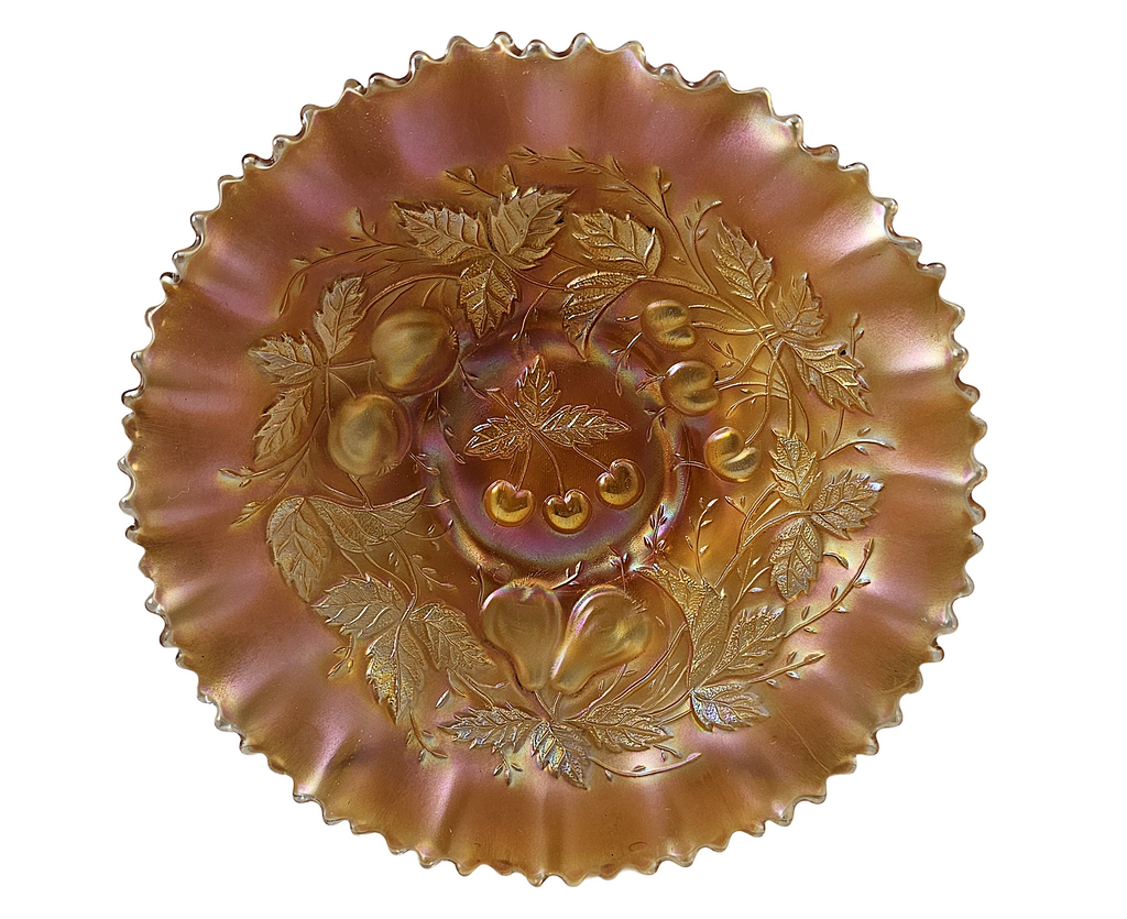 Northwood Marigold Three Fruits Carnival Glass Bowl Pie Crust Border