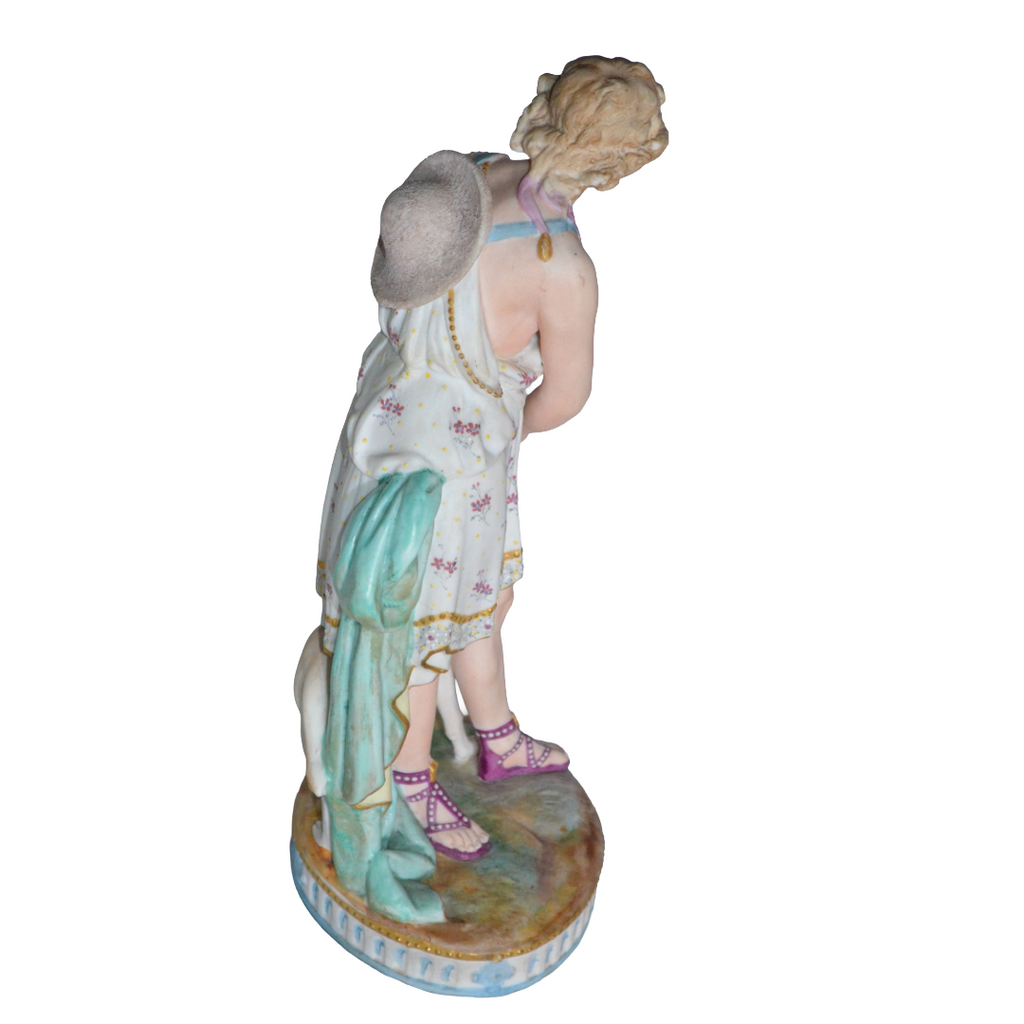 Old Paris French Bisque Sculpture Man and Dog Hand Painted Biscuit Porcelain 12" T Early Embossed Mark