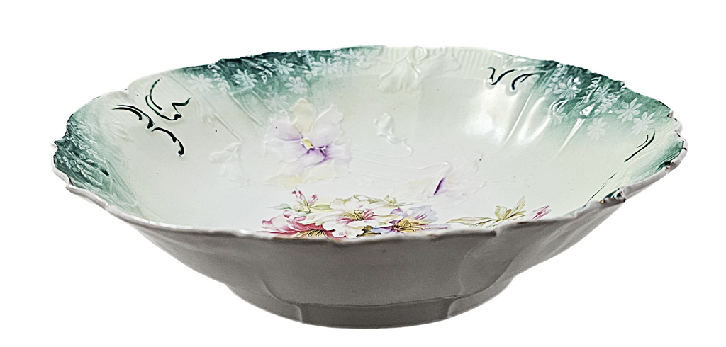 RS Prussia Porcelain Bowl Teal Rim Mold 32 Floral Pattern