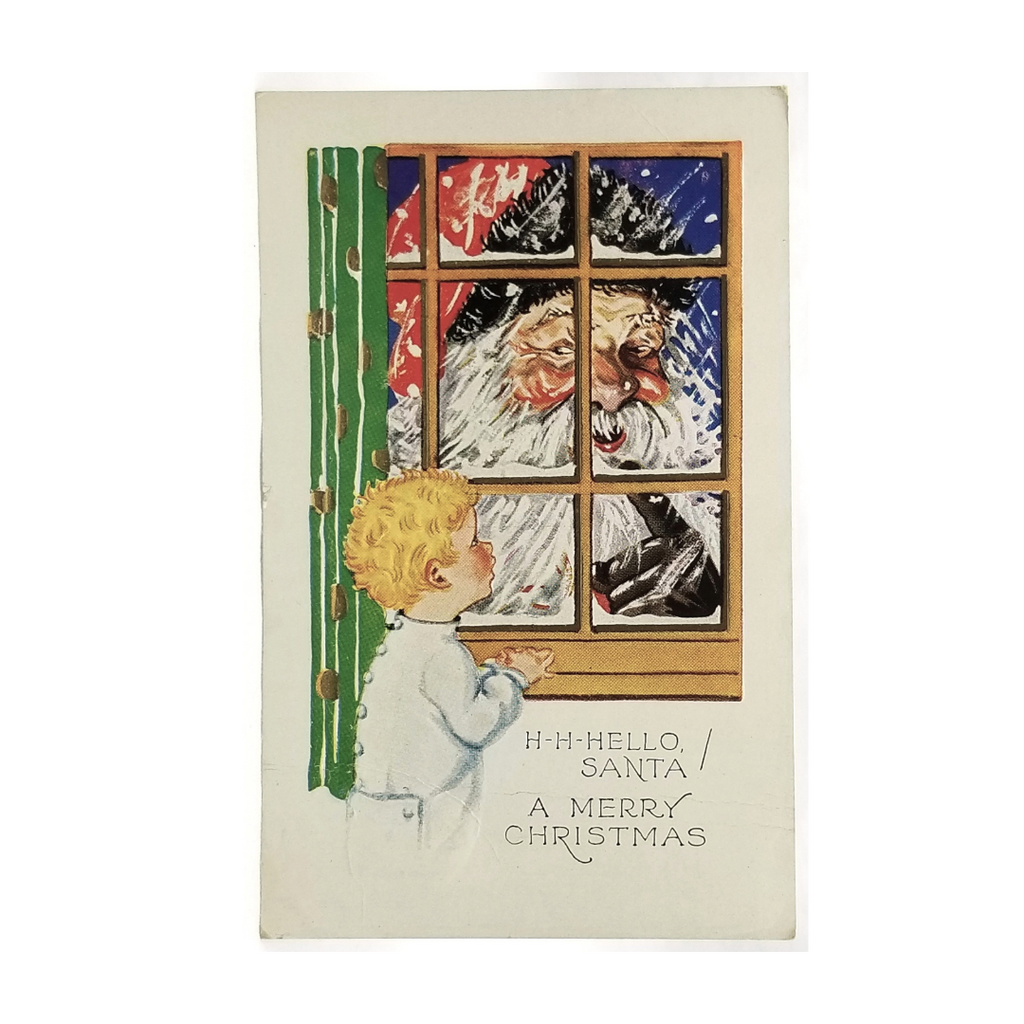 Vintage Christmas Postcard, Antique Holiday Card,  Santa Outside a Young Blonde Child's Window