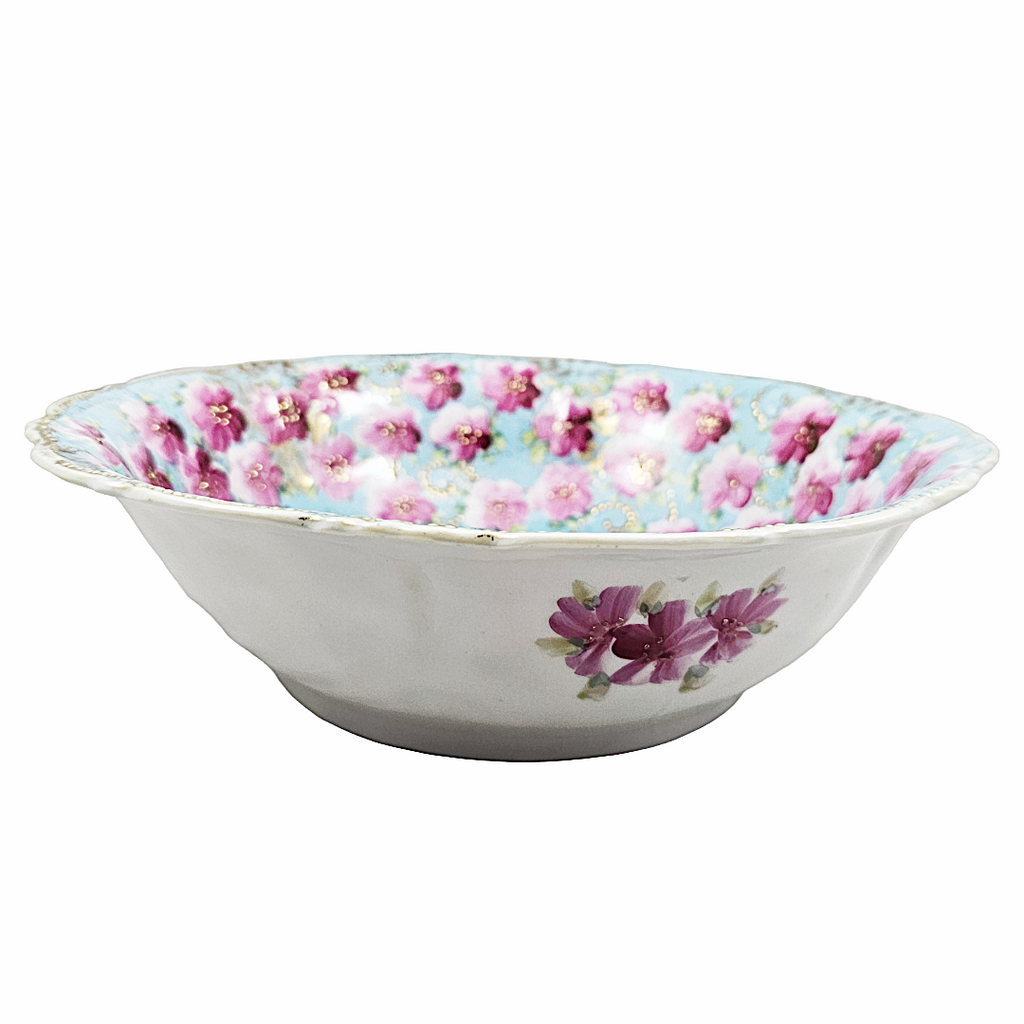 Antique Large Nippon Bowl Blue w/ Pink Flowers Moriage Gold