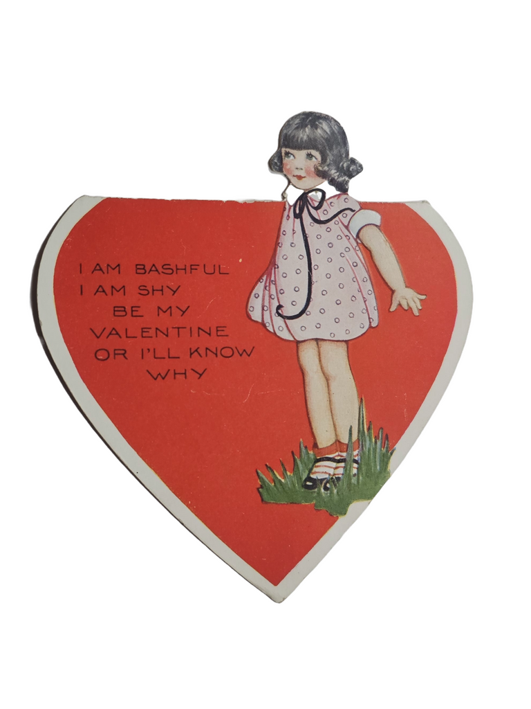 Vintage Antique Die Cut Valentine Card Little Girl in Pink Dress Standing in Giant Red Heart Pop Up Top Style