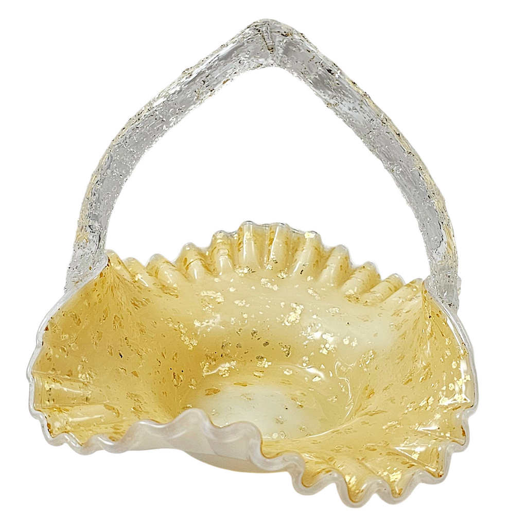 Victorian Cased Art Glass Basket Gold Mica Ruffle Rim Thorn Handle