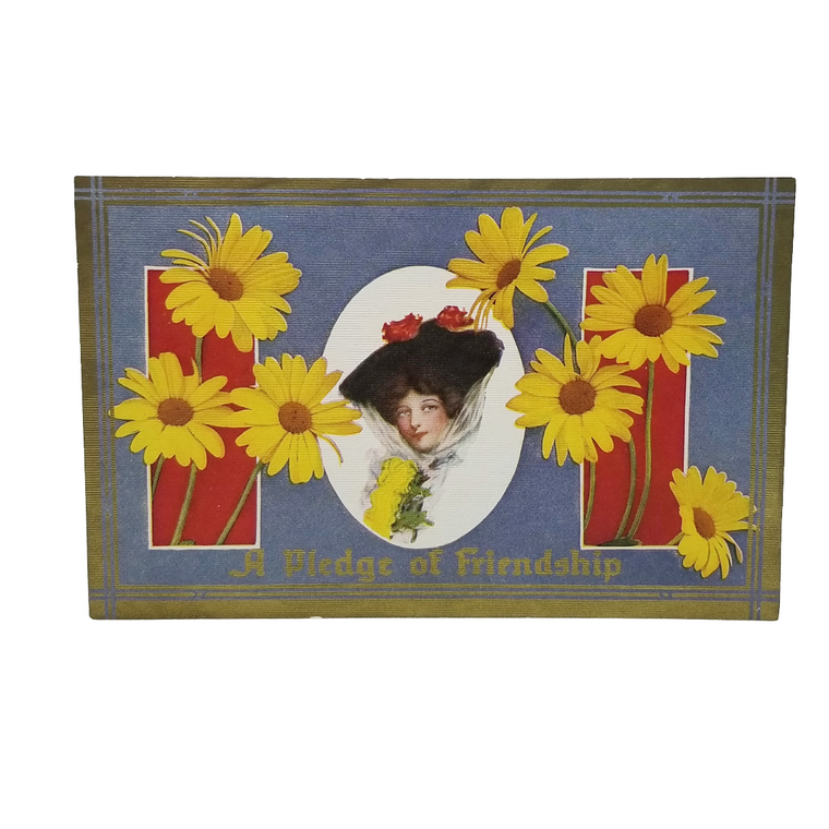 Greetings Postcard Pledge Of Friendship Gibson Girl Yellow Daisies Series 81