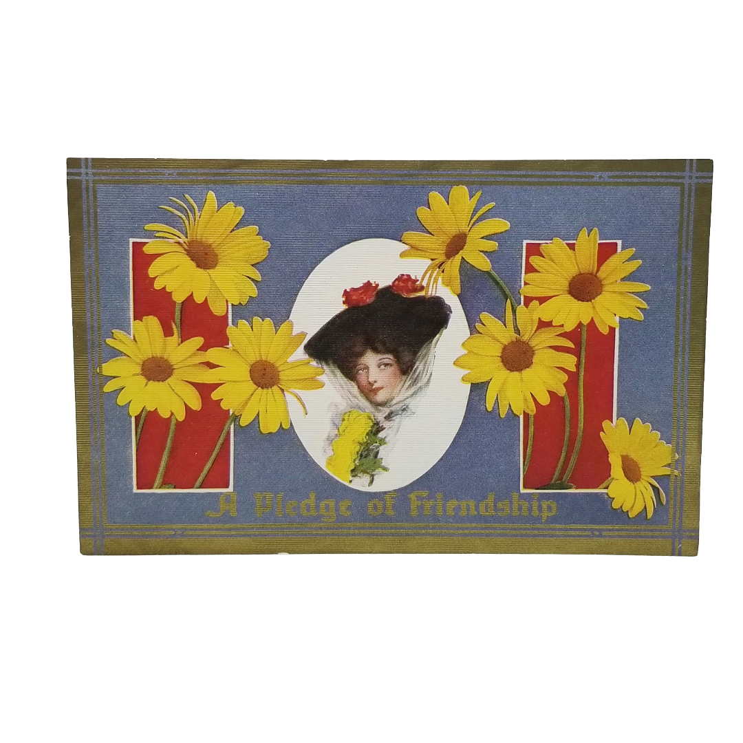 Greetings Postcard Pledge Of Friendship Gibson Girl Yellow Daisies Series 81