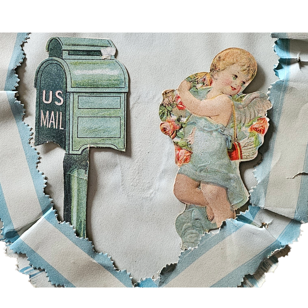 Large Antique Die Cut 3D Hanging Valentine Cupid with Mailbox