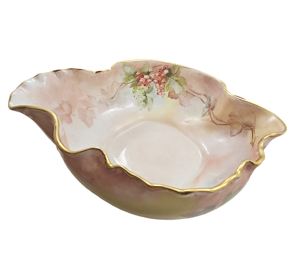 LIMOGES Porcelain Bowl Hand Painted Red Currants Branch Handle