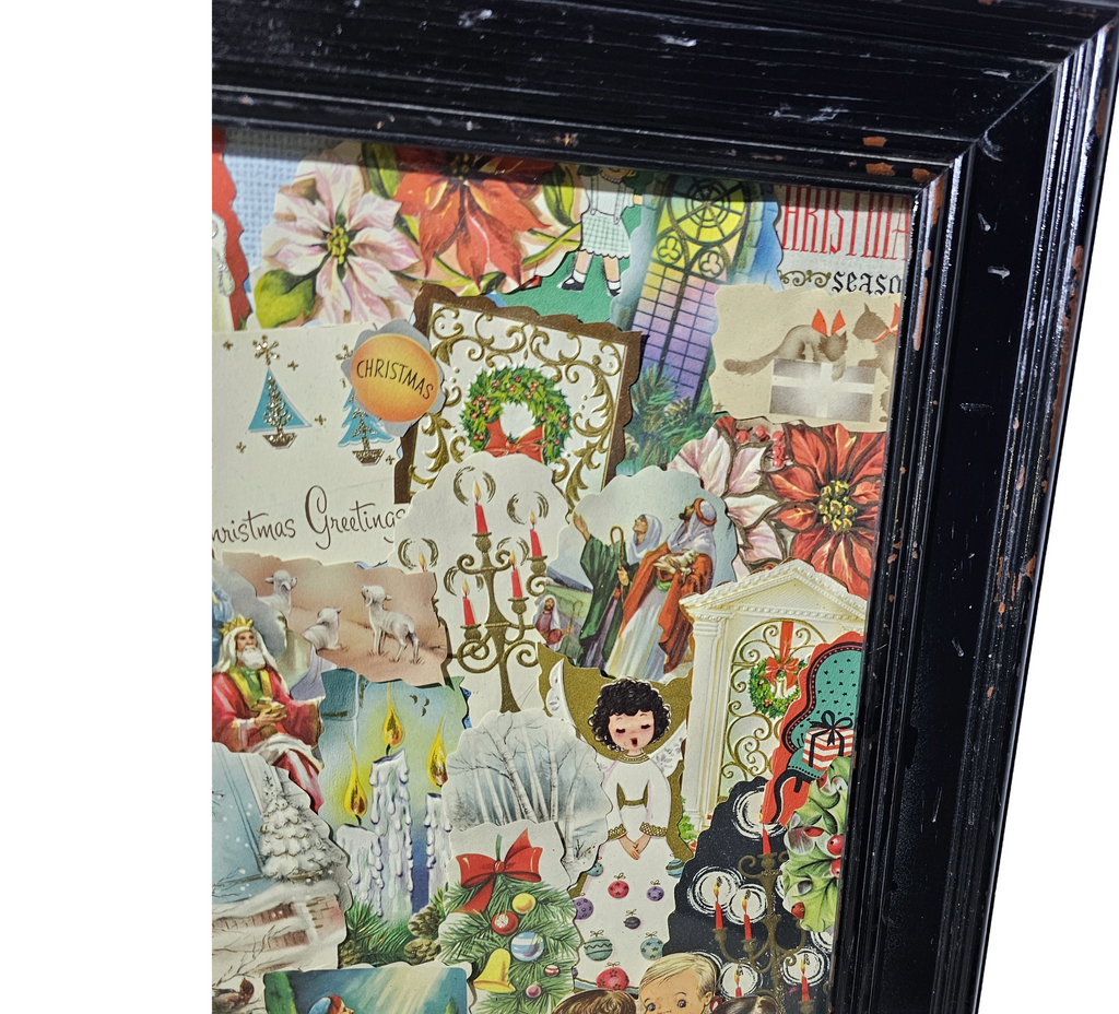Framed Mid Century MCM Vintage Christmas Card Collage Puzzle Art