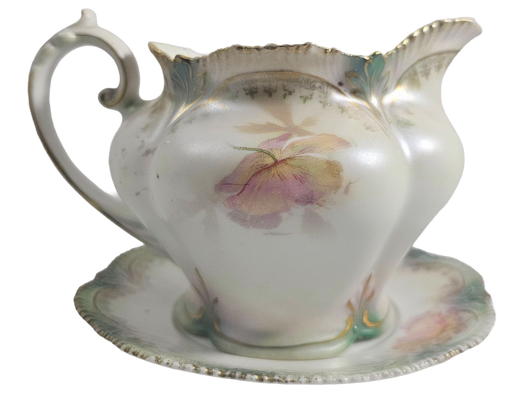 RS Prussia German Porcelain Open Floral Creamer Saucer w/ Tiffany Finish
