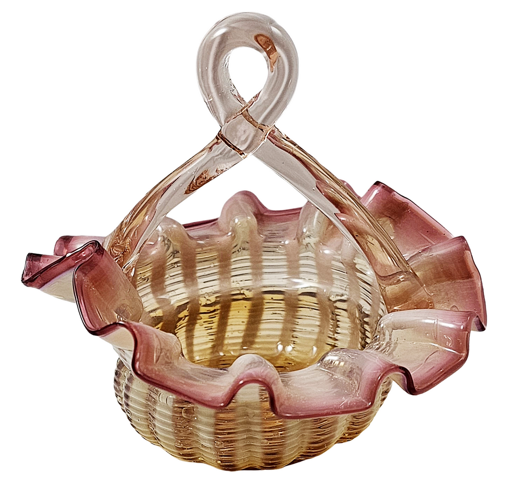 Victorian Stevens Williams Art Glass Miniature Pink Opalescent Stripe Basket