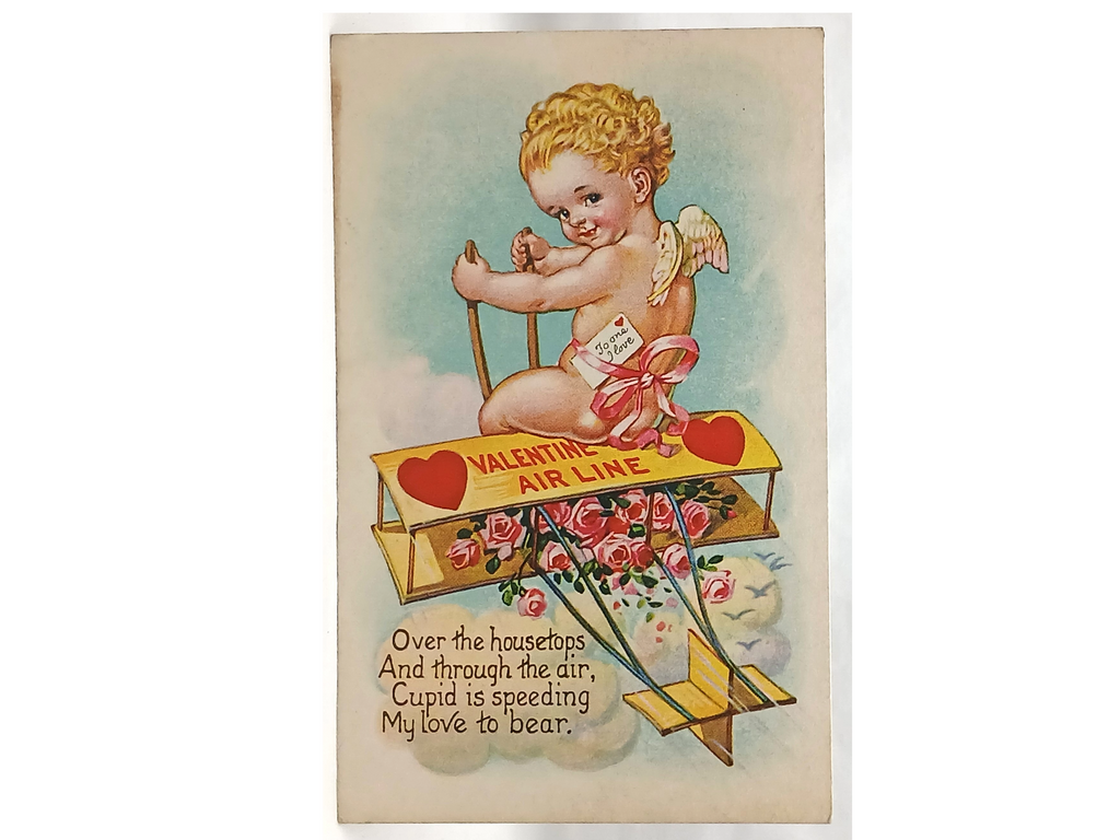 Antique Vintage Valentine Postcard, Cupid Piloting Bi-Plane Filled with Pink Roses