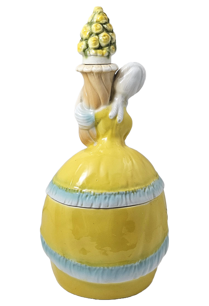 Bavarian Porcelain Erphila Yellow Figural Woman Powder Box Jar & Perfume Half Doll