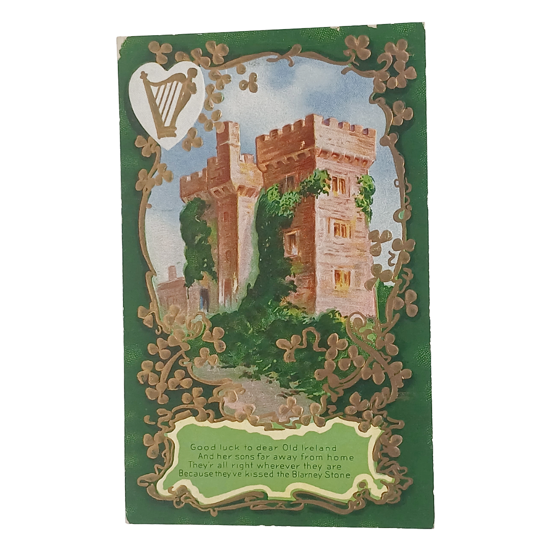 Saint Patrick's Day Postcard Blarney Castle Gold Embossed Clovers