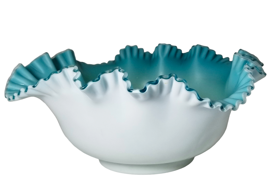 Victorian Cased Glass Bride's Basket Blue Green Satin Finish