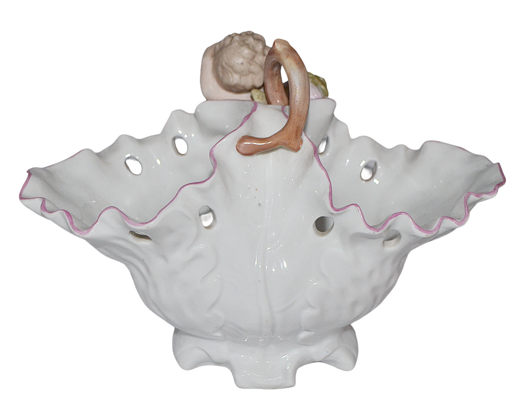 Large Antique Sitzendorf Porcelain Floral Encrusted Cherub Putti Basket
