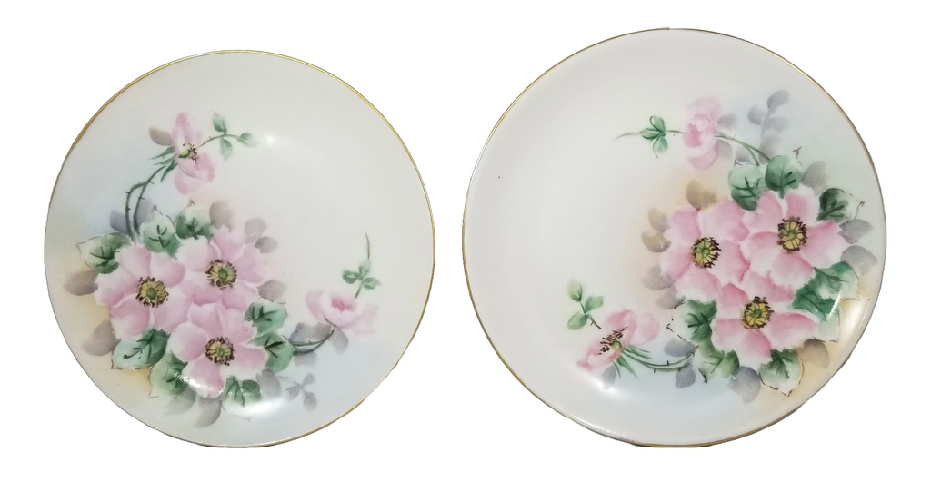 Bavarian Porcelain Plate Set of Six (6) Hand Painted Pink Floral Decor