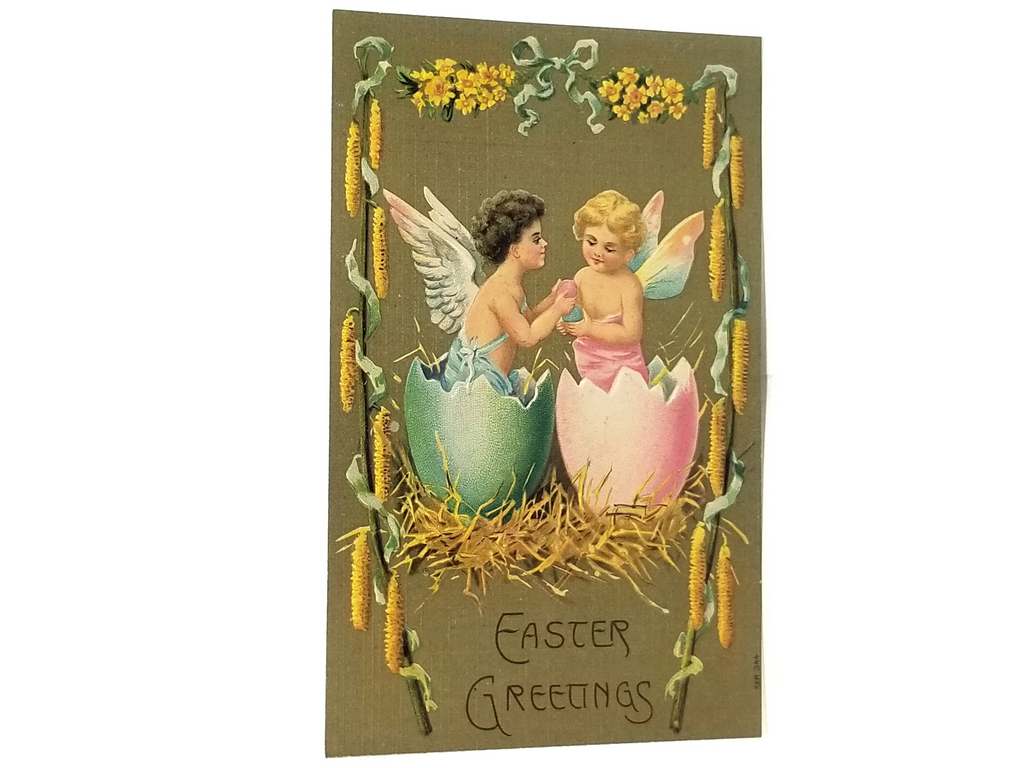 Antique Vintage German Easter Postcard, Embossed Fairy Babies with Butterfly Wings in Painted Eggs with Floral Border