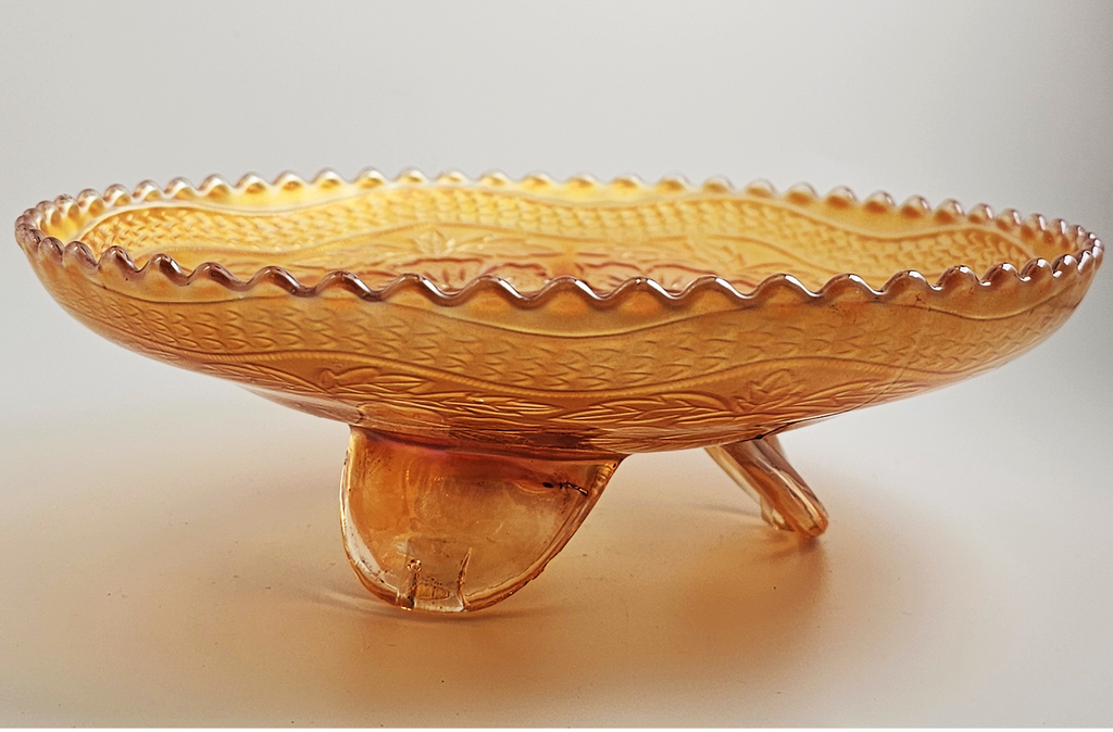 Fenton Marigold Carnival Glass Footed Bowl: Dogwood & Marsh Lily Pattern