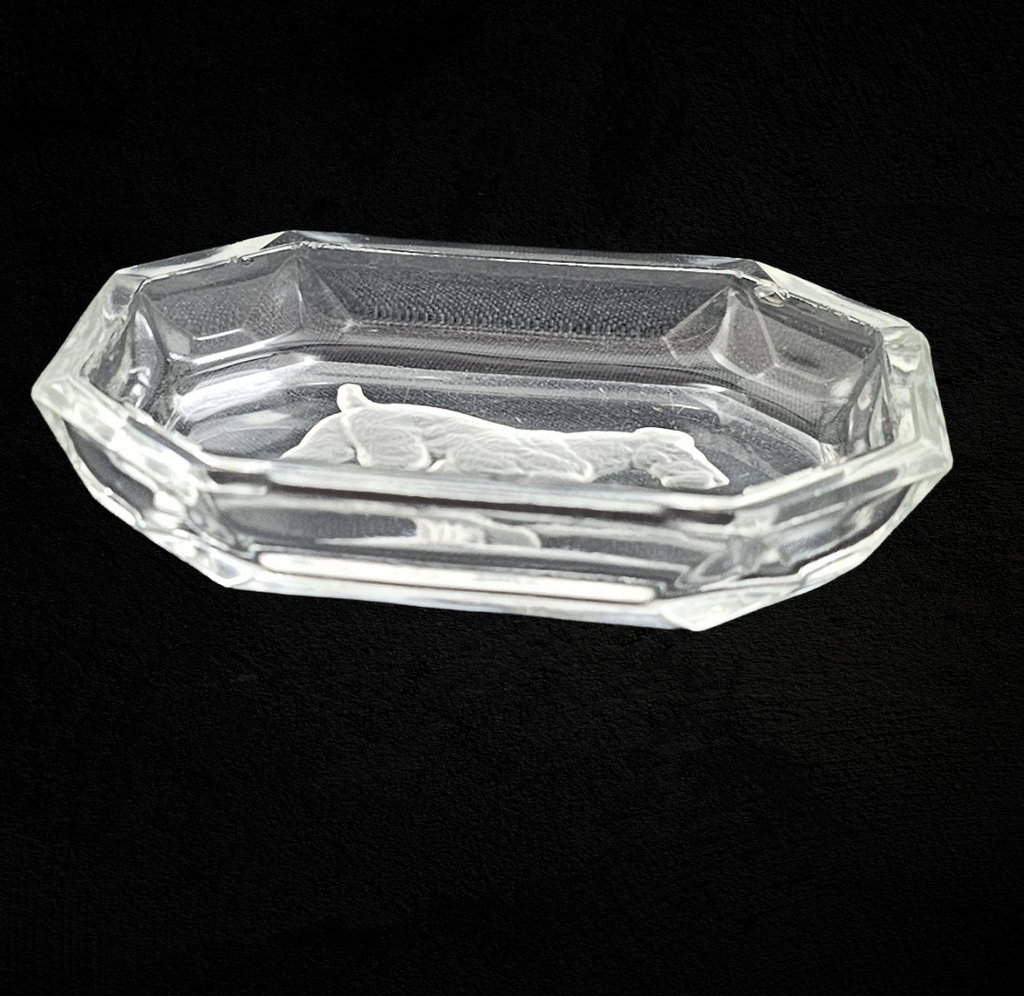 Art Deco Bohemian Czech Intaglio Glass Open Salt Cellar Schnauzer Dog w/ Ball