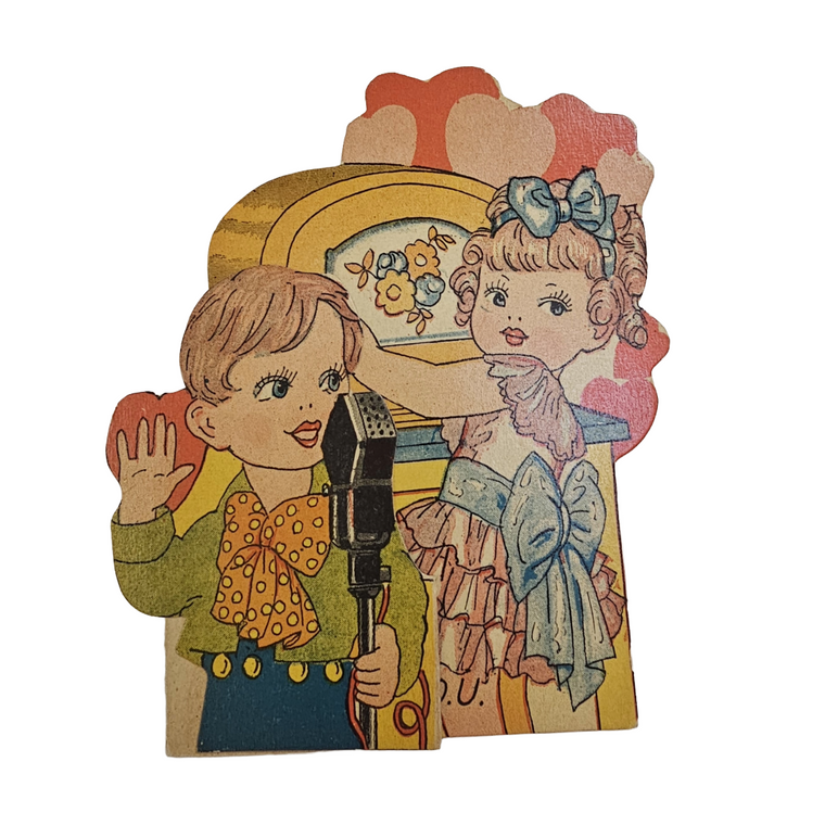 Vintage Die Cut 30s Valentine Card Children Playing Music Radio Station & Microphone