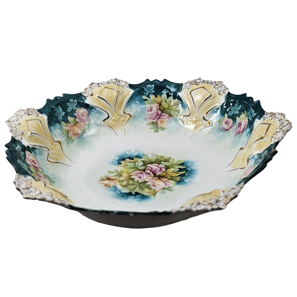 Antique RS Prussia 10.5” Bowl Mold 82 Variation Teal Green Pink Roses