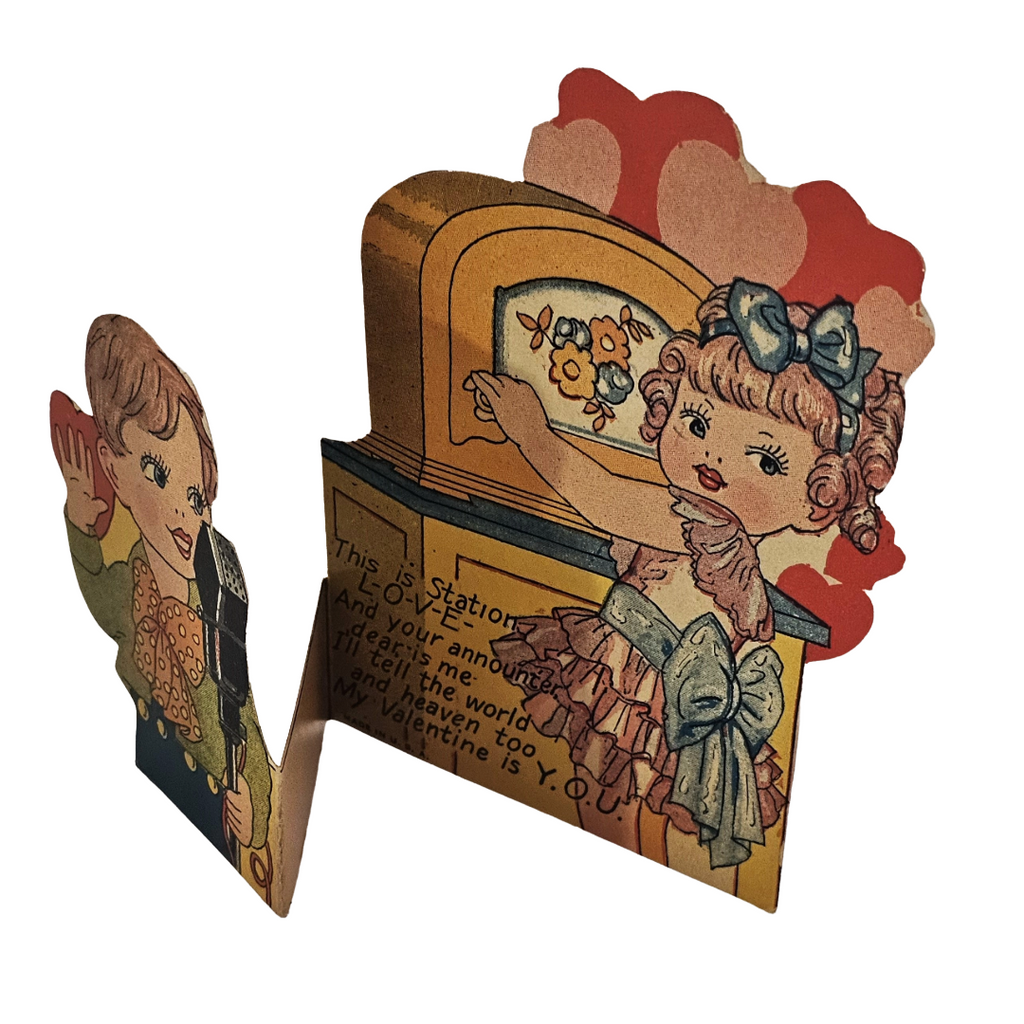Vintage Die Cut 30s Valentine Card Children Playing Music Radio Station & Microphone