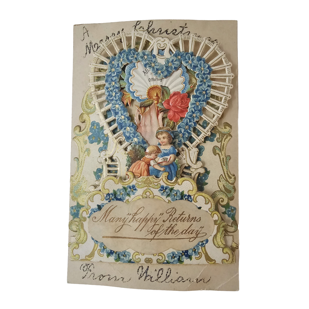 Die Cut Valentine Mechanical Postcard Hearts and Children