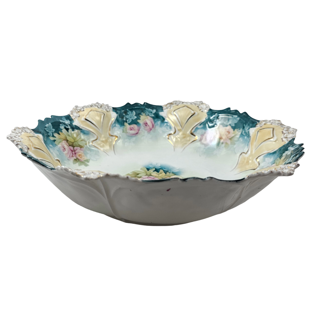 Antique RS Prussia 10.5” Bowl Mold 82 Variation Teal Green Pink Roses
