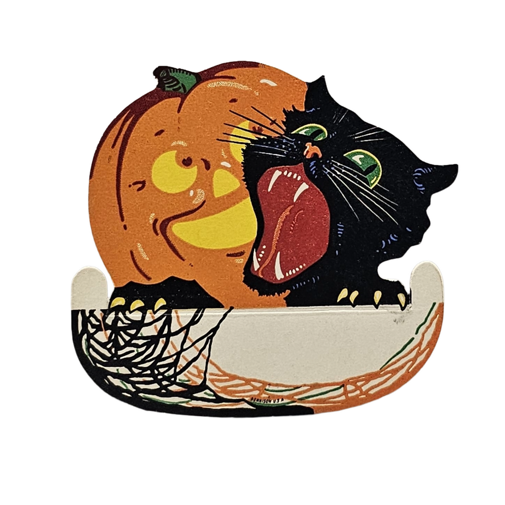 Vintage Halloween Die Cut: Dennison Black Cat & Pumpkin Place Card