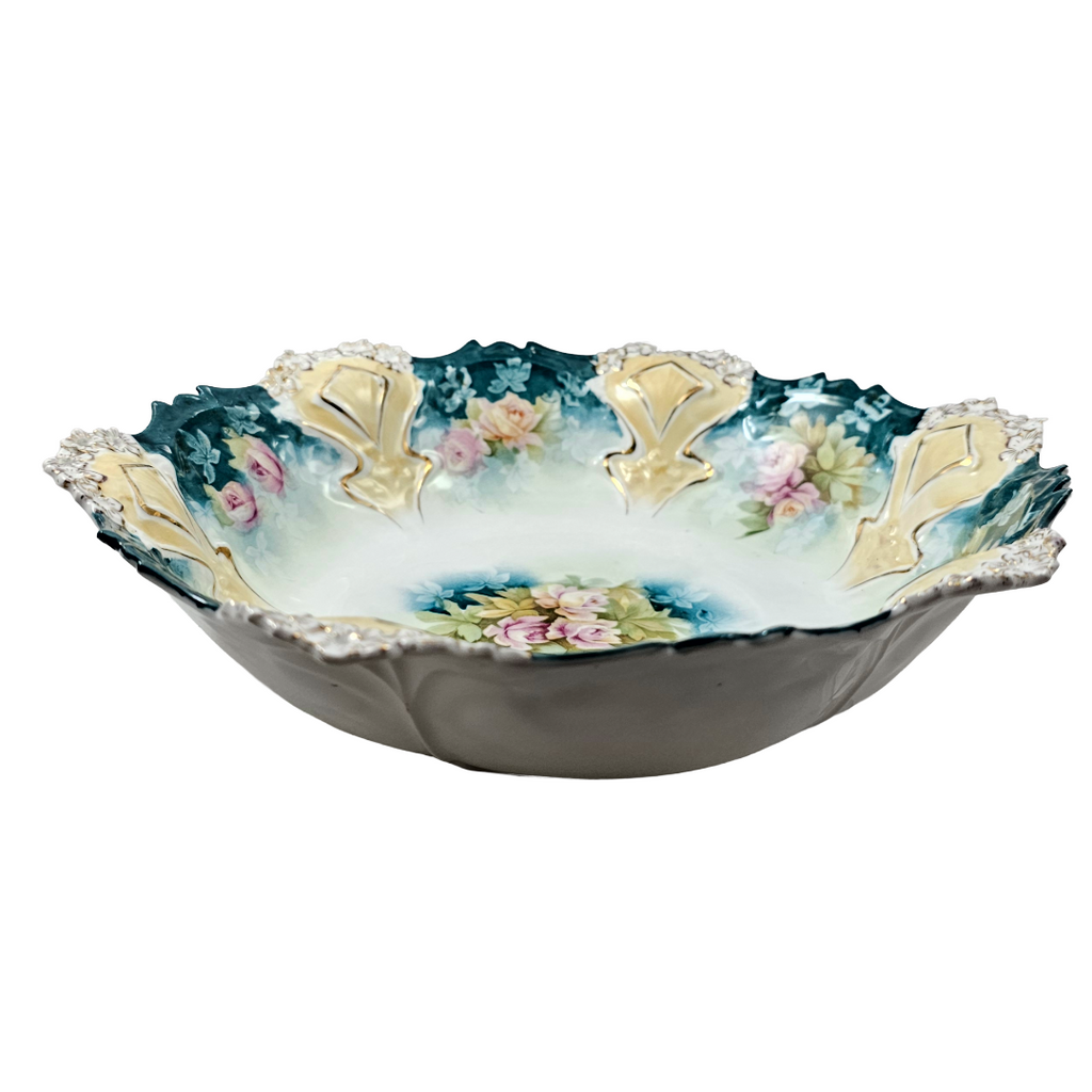 Antique RS Prussia 10.5” Bowl Mold 82 Variation Teal Green Pink Roses