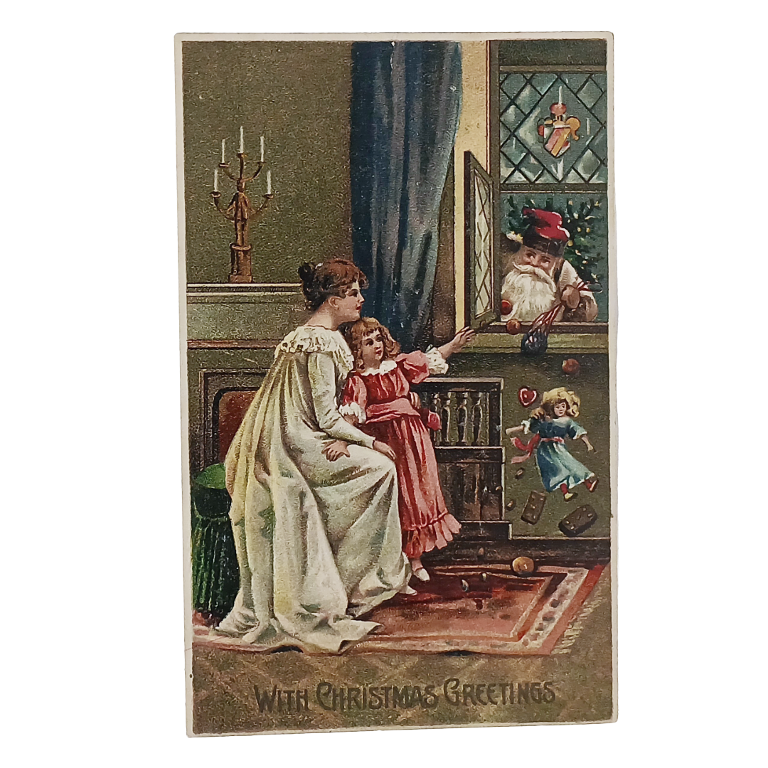 Christmas Postcard Santa Claus in White Robe at Window of Child Series 444