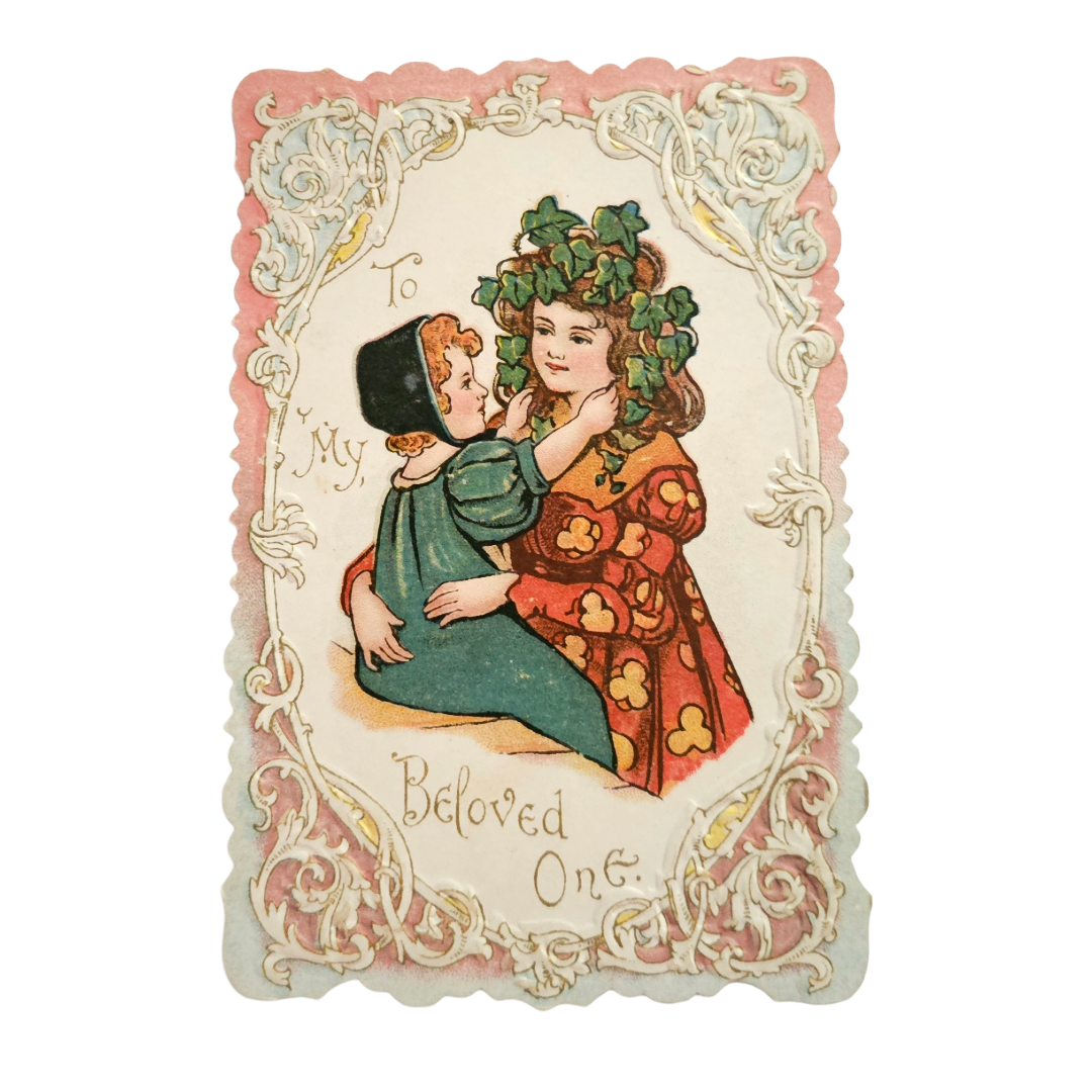 Die Cut Antique Valentine Card Young Girl Holding Child My Beloved One with Poem
